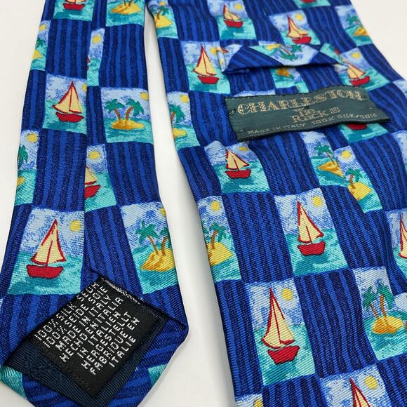 Vintage 100% Silk Charleston Tie Rack made in Italy Sail Boat Pattern Mens Tie - Picture 2 of 5